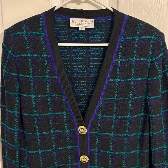 St. John Collection Marie Gray Plaid Knit Cardigan Gold Crest Buttons Size Small